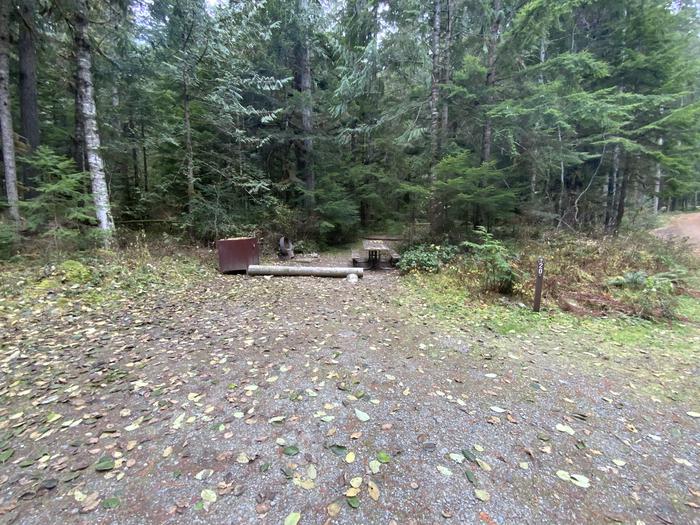 Gravel parking spot near a campsite containing a bear box, campfire ring, and picnic table.View of campsite.