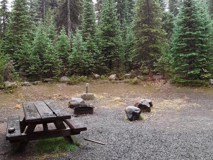 Campsite with a picnic table and fire ring.Jubilee Lake Campground site #2