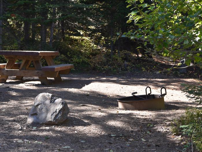 camp site fire pit and picnic tableJubilee Lake Campground site #36