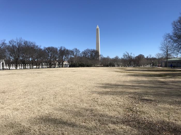 The photo shows an open grassy field flanked by trees. The Washington Monument and World War II Memorial can be seen in the background.Field M10