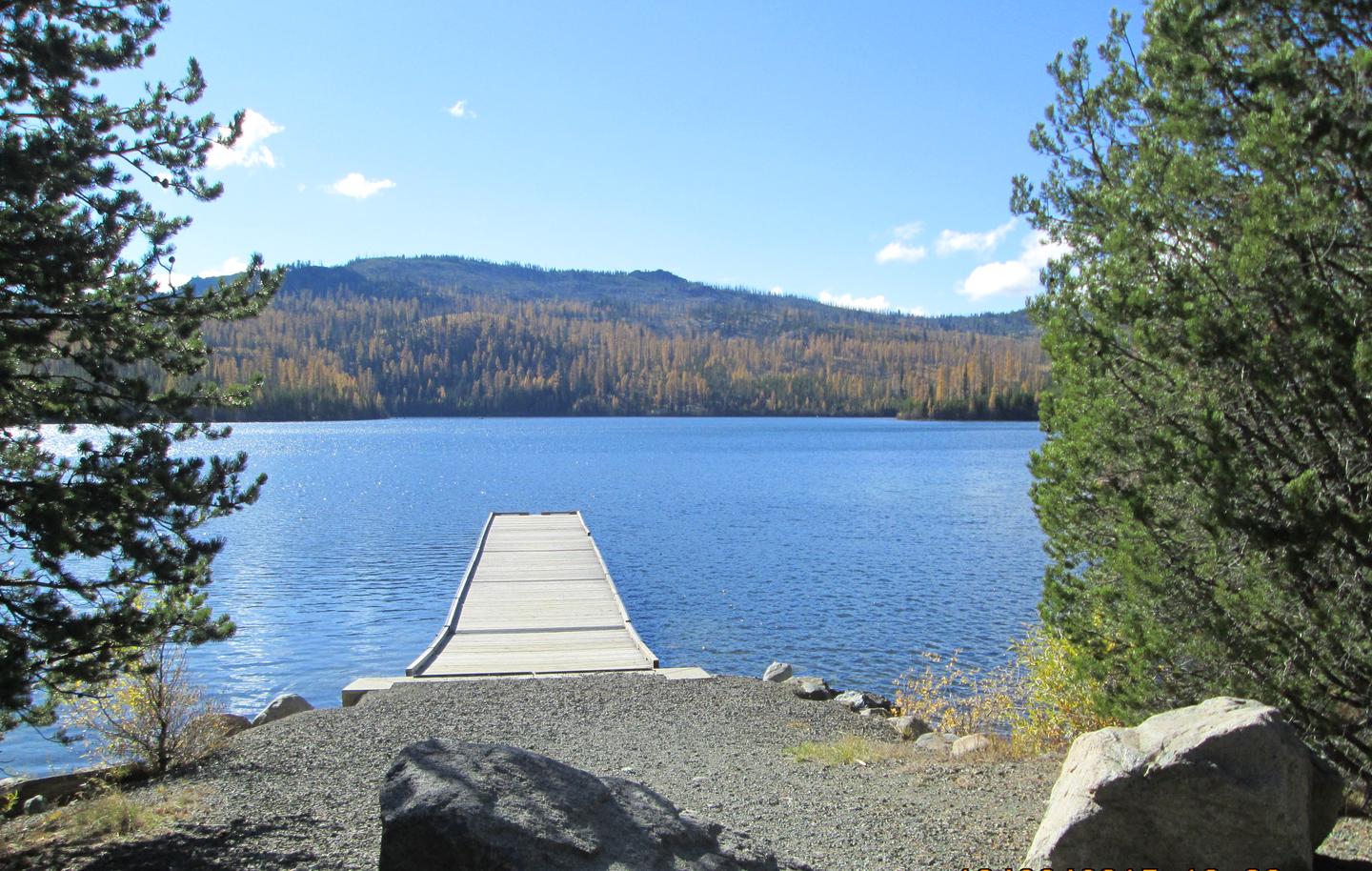 wooden dock stretching into the water with golden fall colors on the distant treesSouth dock at Olive Lake