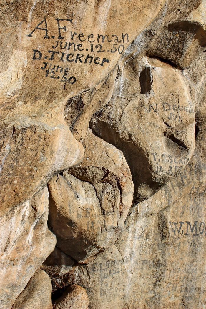 Emigrant Signatures at City of RocksCalifornia-bound emigrants painted their signature on Register Rock in 1850