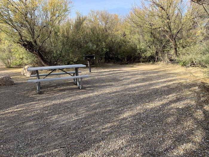 View from the inside of the main campsite area, showing a large gravel space surrounded by trees. There is a metal grill and picnic table on the borders of the site.View from inside the main campsite area.