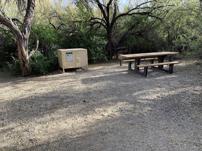 View of the main campsite area. There is a large gravel area surrounded by trees, with a picnic table, metal grill, and bear box at the edge of it.Amenities for site 27.