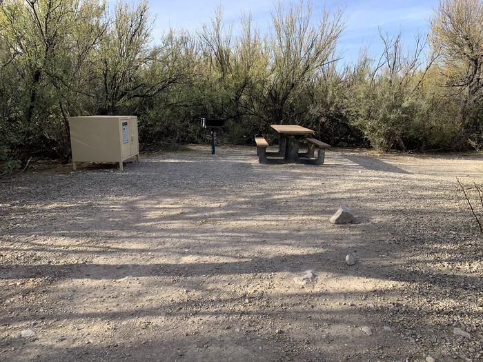 View of a bear box, metal grill, and picnic table in the main site area. The site is large enough that the amenities and the cleared space for shelters and tents are in two distinct areas of the main campsite.Amenities for Site 33