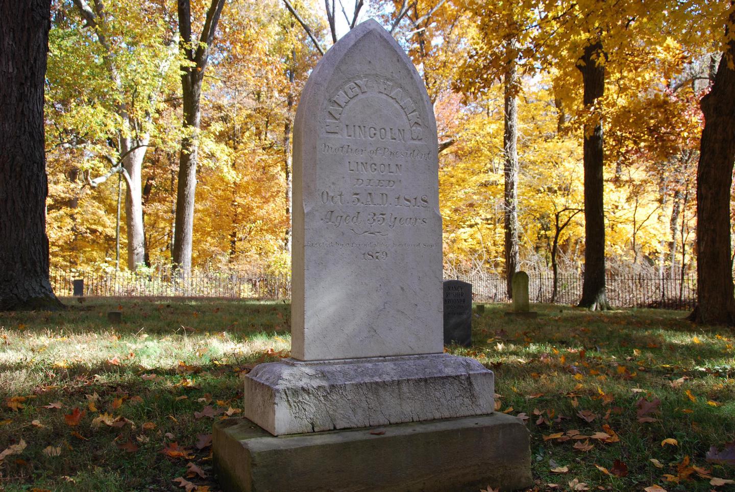 Gravesite of Nancy Hanks LincolnThe headstone, erected in 1879, marks the burial spot of Abraham Lincoln's mother, who died of milk sickness in 1818.