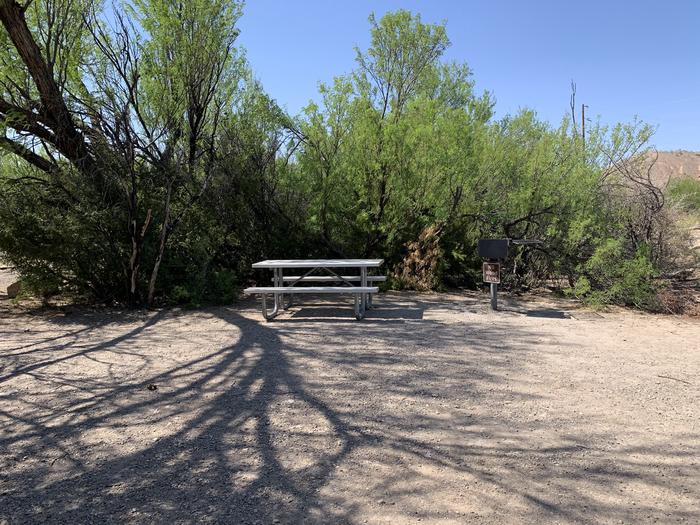 View of the main camp site area. There is a large, cleared space with plenty of room for tents and shelters. A picnic table and metal grill stand at one side of the site, nestled in the shade of taller trees and bushes.View of the main campsite area