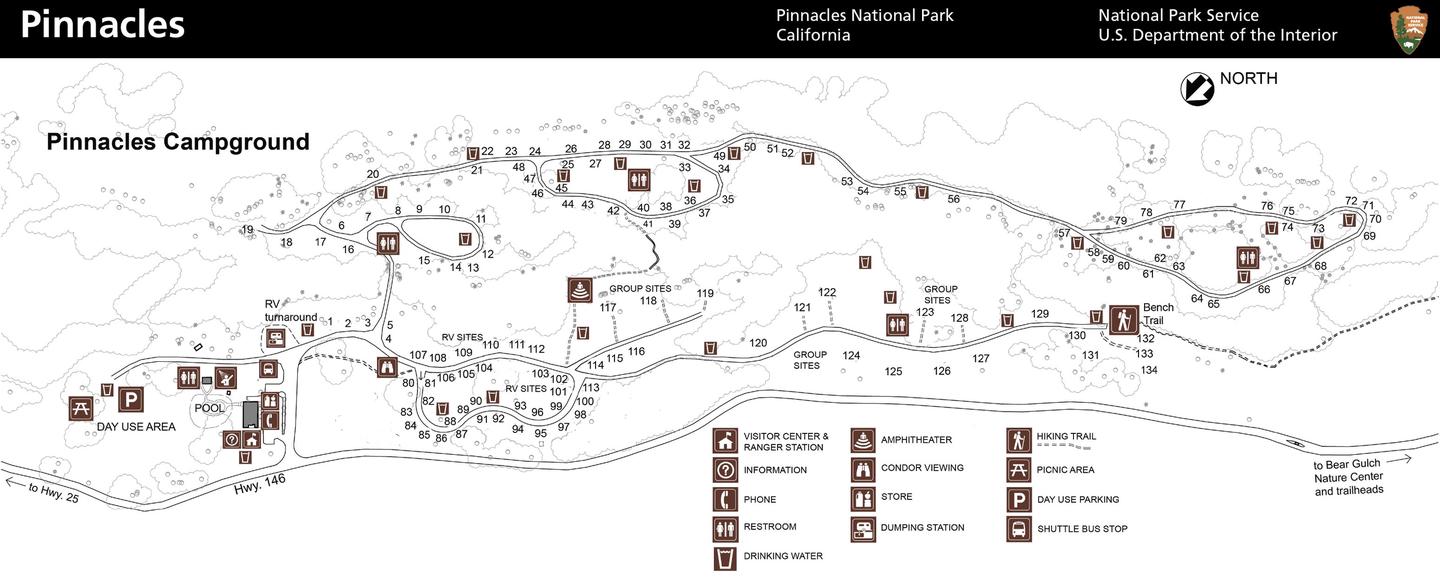 Pinnacles Campground Map (updated April 2020)This map reflects the site locations accurately after some sites were renamed or relocated in April 2020. 