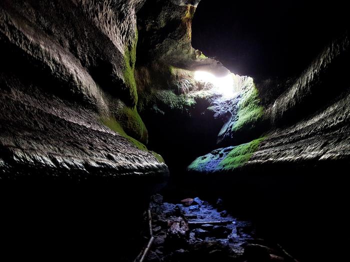 A small hole in the ceiling of Ape Cave, known as the Skylight, illuminates the dark cave walls below.