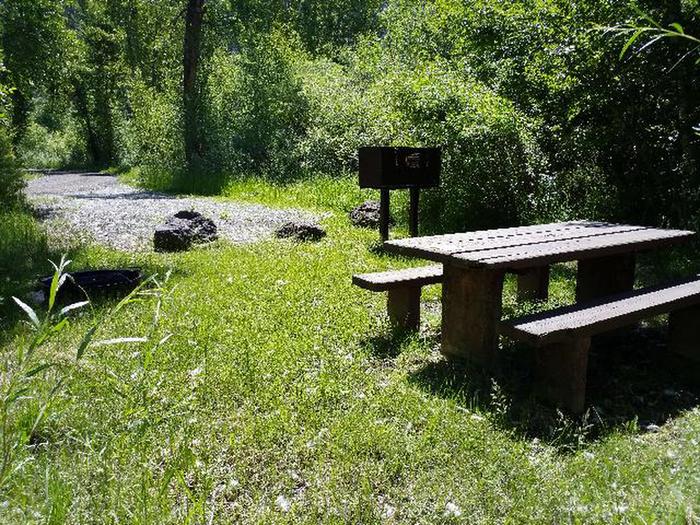 Big Game campsite with a picnic table, bear box, gravel parking area, grass, and treesBig Game Campground Campsite 2
