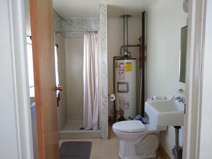 A bathroom with toilet, sink, water heater, and shower.Bathroom at Atlanta Cabin.