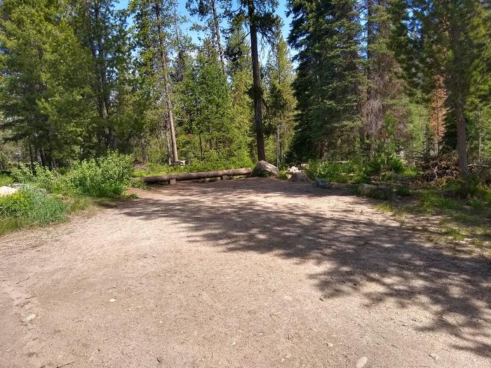 A wide parking area next to a single campsite.Site 2 at Edna Creek campground has a wide parking space.
