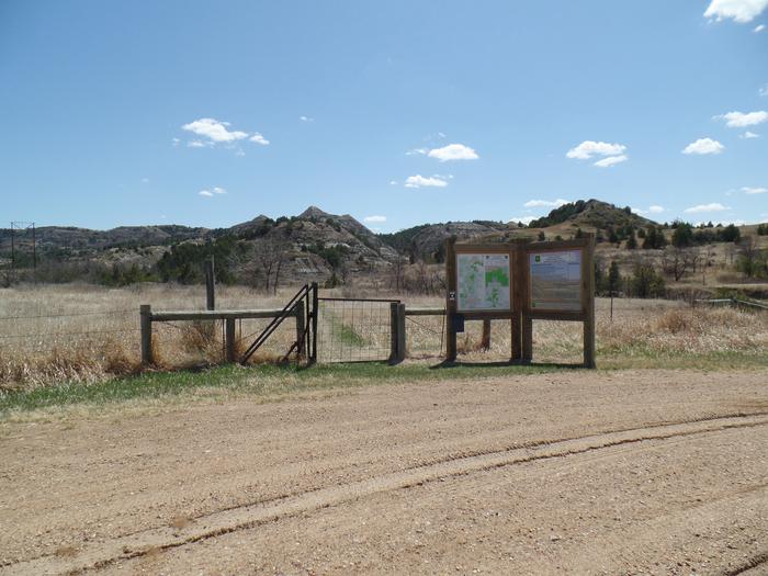 Entrance to the Maah Daah Hey Trail for horse riders. The trail entrance near site 31. 