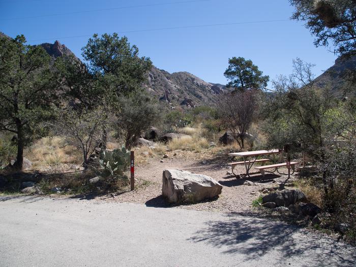 Site nestled in high desert vegetation.Flat, rocky site with paved parking space adjacent.