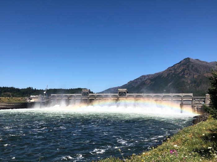 Dam with rainbow effectBonneville Lock and Dam