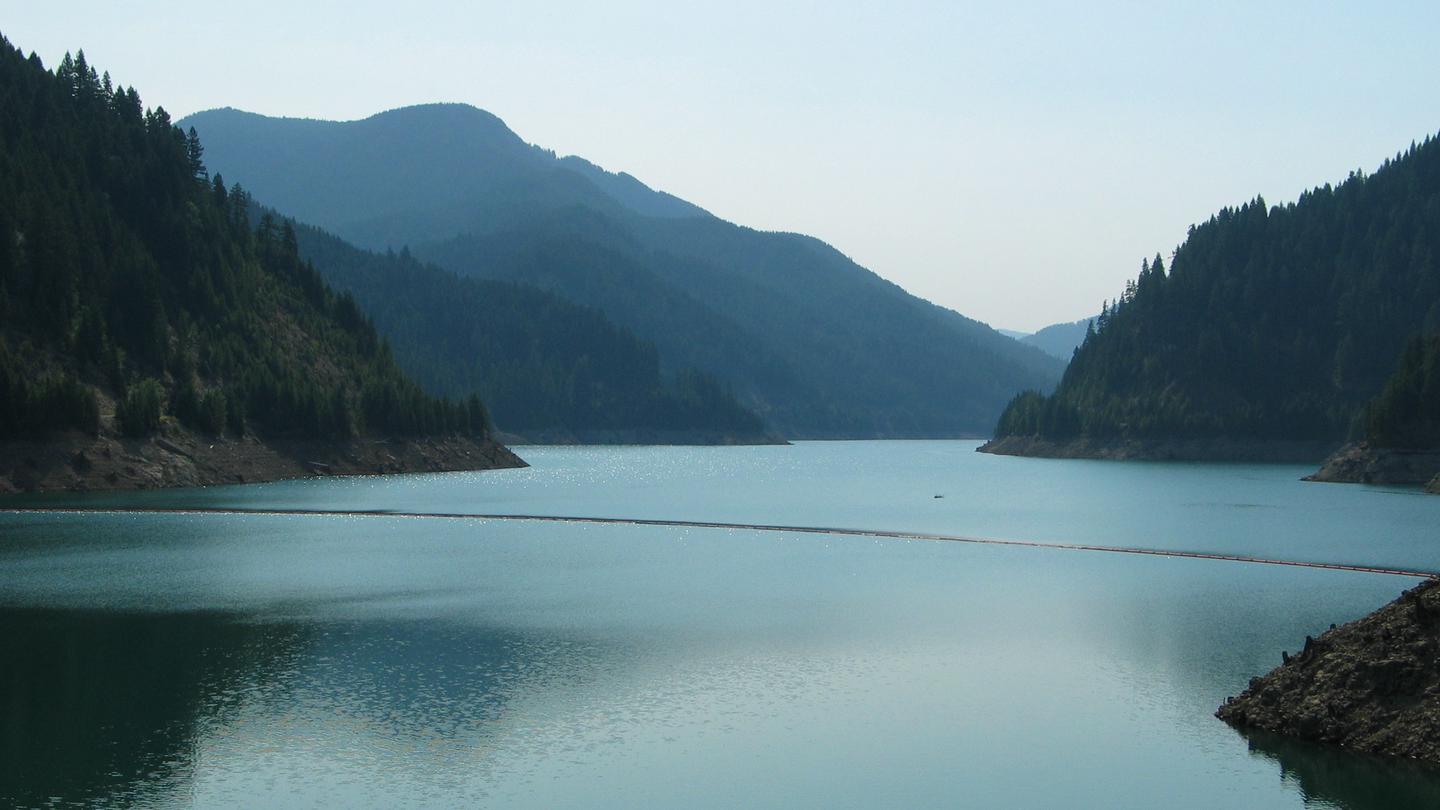 Lake with hills and trees in the backgroundView of Cougar Lake from the dam