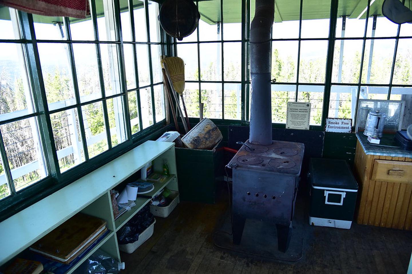 McCart Lookout wood fire stoveWood heat stove inside lookout