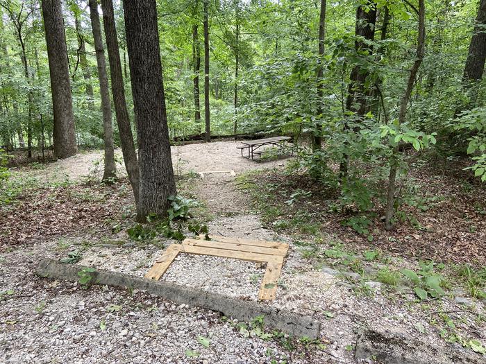 Steps lead down to tent and table area. Overlooks wooded ravine