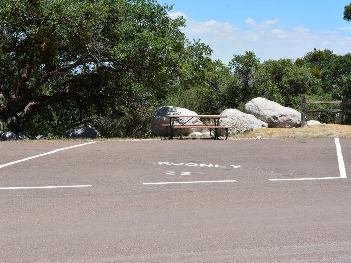 RV Campsite number 22 is a paved parking space which backs onto a small natural area.  There is a picnic table located to the rear of the site.RV Campsite number 22. 