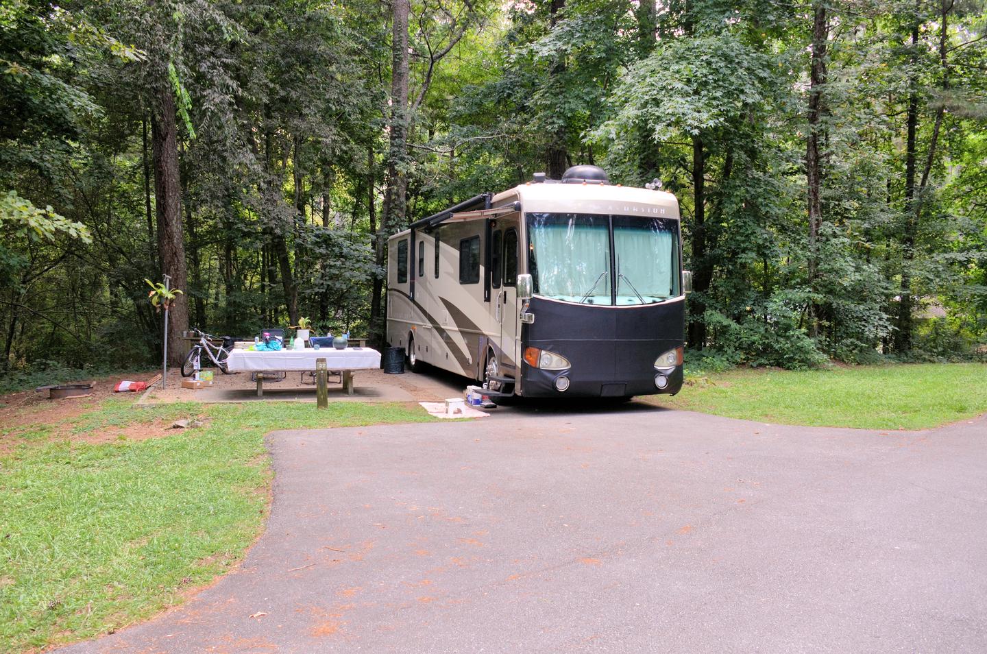 Driveway slope and Awning Clearance.McKaskey Creek Campground, campsite 22.  Really short driveway, long RV pad.
