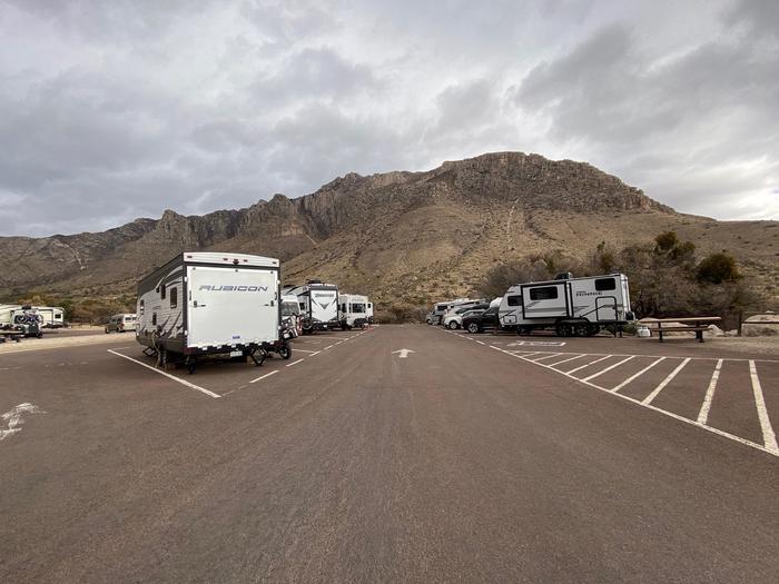 Overview of RV campsites.  RV site 26 is the first site on the left side of the drive. Views of Hunter Peak are in the background.