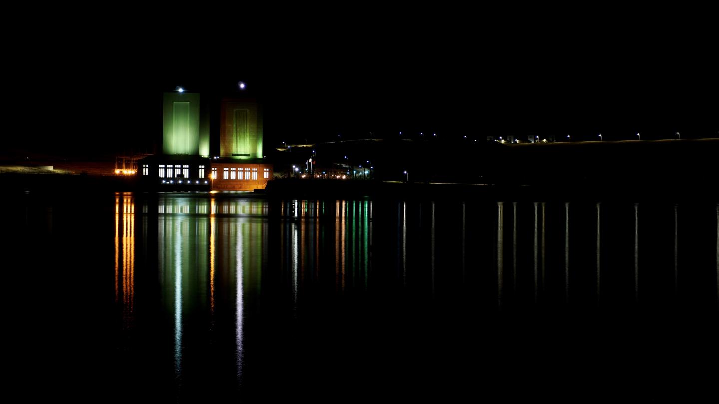 Powerhouses at night reflecting in the Missouri RiverA photo of the Fort Peck Powerhouses reflecting in the waters of the Missouri River. 