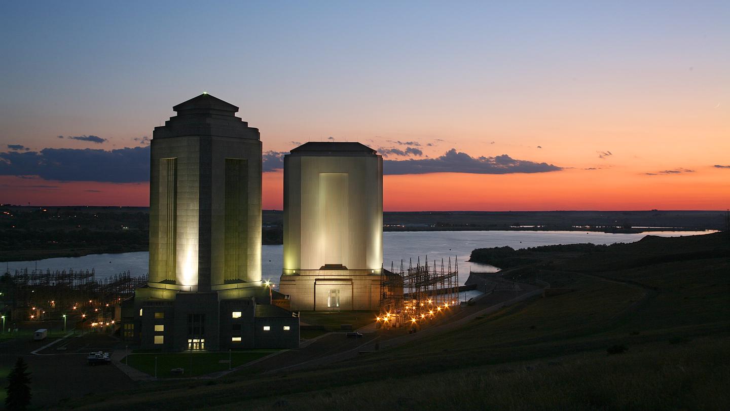 A photo of the Fort Peck PowerhousesThe Fort Peck Powerhouses at sunset.