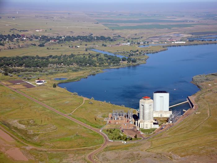 Aerial view of the dam.An aerial view of the dam, powerhouses, interpretive center and downstream campground.