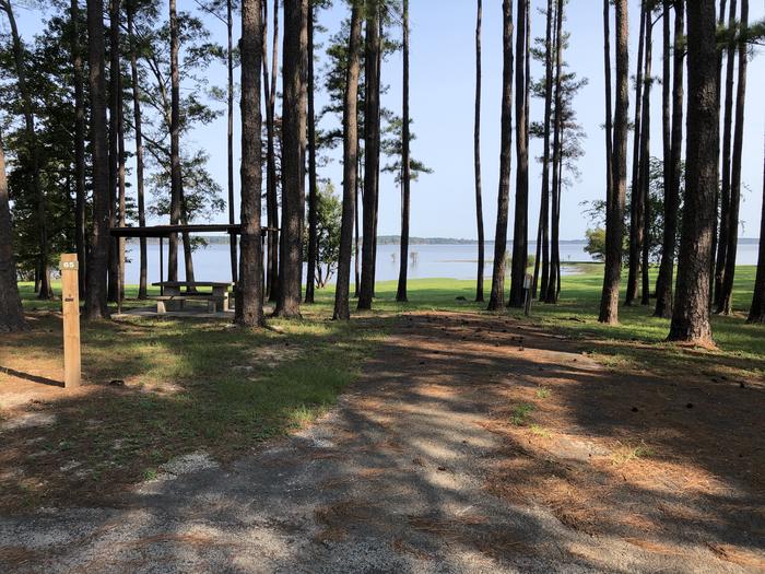 A photo of Site 065 of Loop A at MILL CREEK (TEXAS) with Picnic Table, Electricity Hookup, Fire Pit, Shade, Waterfront, Lantern Pole, Water Hookup