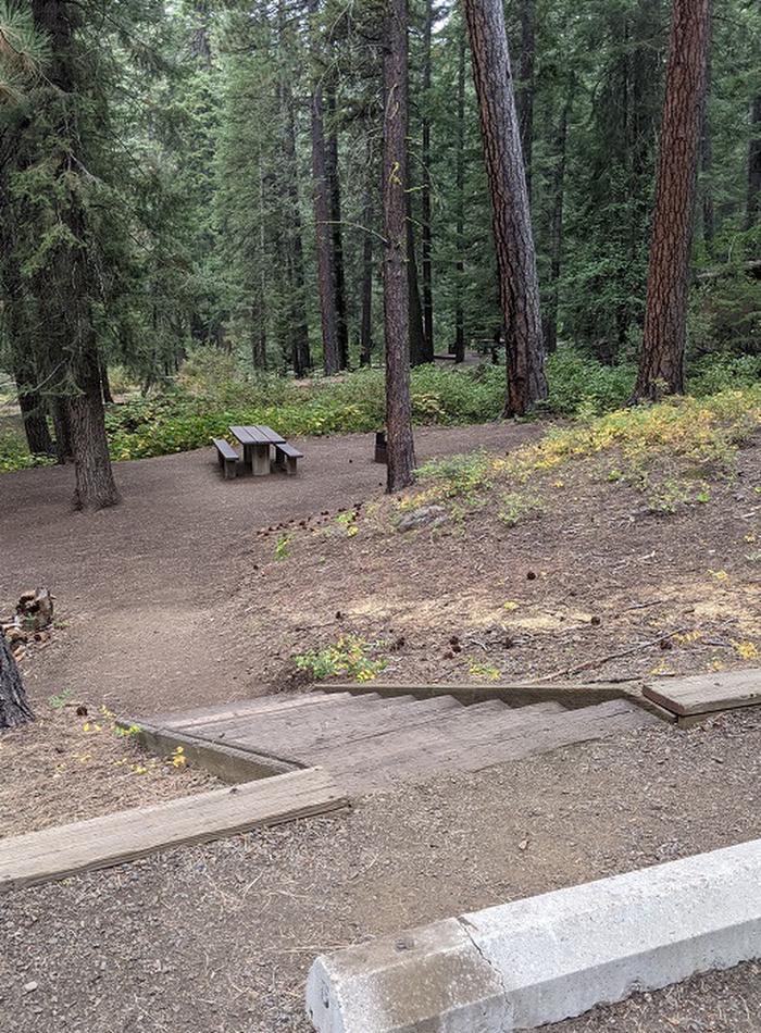 View of stairs down to picnic table and fire ring from parking spot for Site 5.View of stairs to picnic table and fire ring from parking area for Site 5.