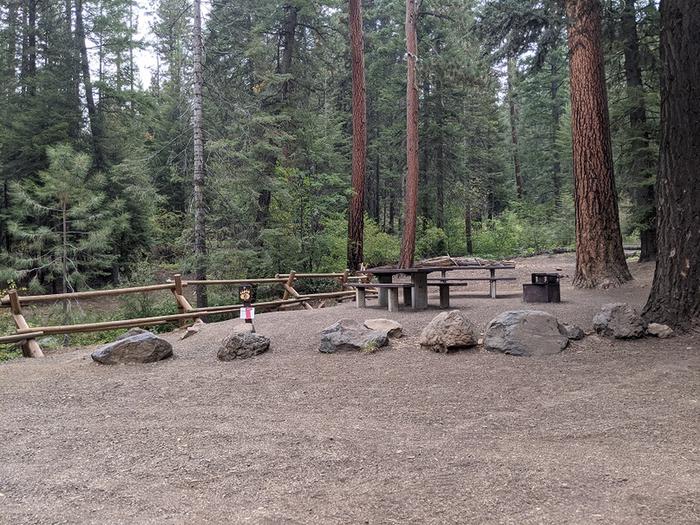 View of Site 10 with picnic table and fire ring among the Ponderosa Pines and a buck and rail fence along the edge of the site. View of Site 10 in Spring Creek Campground.