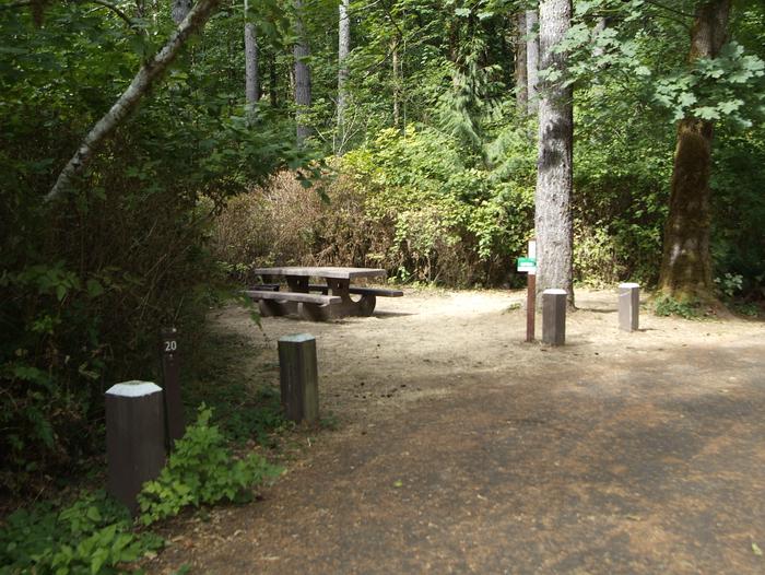 Camp site 20: Small site with small parking space adjacent to road. Includes fire ring, table, and tent pad. 