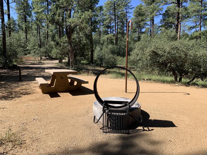 A photo of Site 33 of Loop H at LYNX CAMPGROUND with Fire Pit, Lantern Pole. View is toward 50 yard foot path and a dozen steps to ascend to parking. 