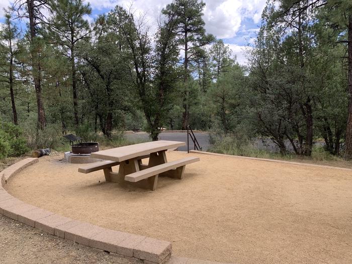 A photo of Site 11 of Loop C at LYNX CAMPGROUND with Picnic Table, Fire Pit and showing handrail for 7 steps down to curbside parking. 