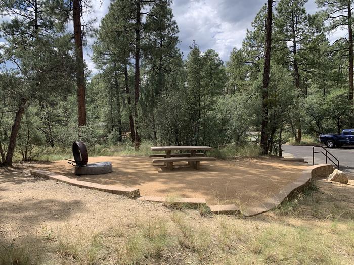 A photo of Site 13 of Loop C at LYNX CAMPGROUND with Picnic Table, Fire Pit with 5 steps down to parking. 