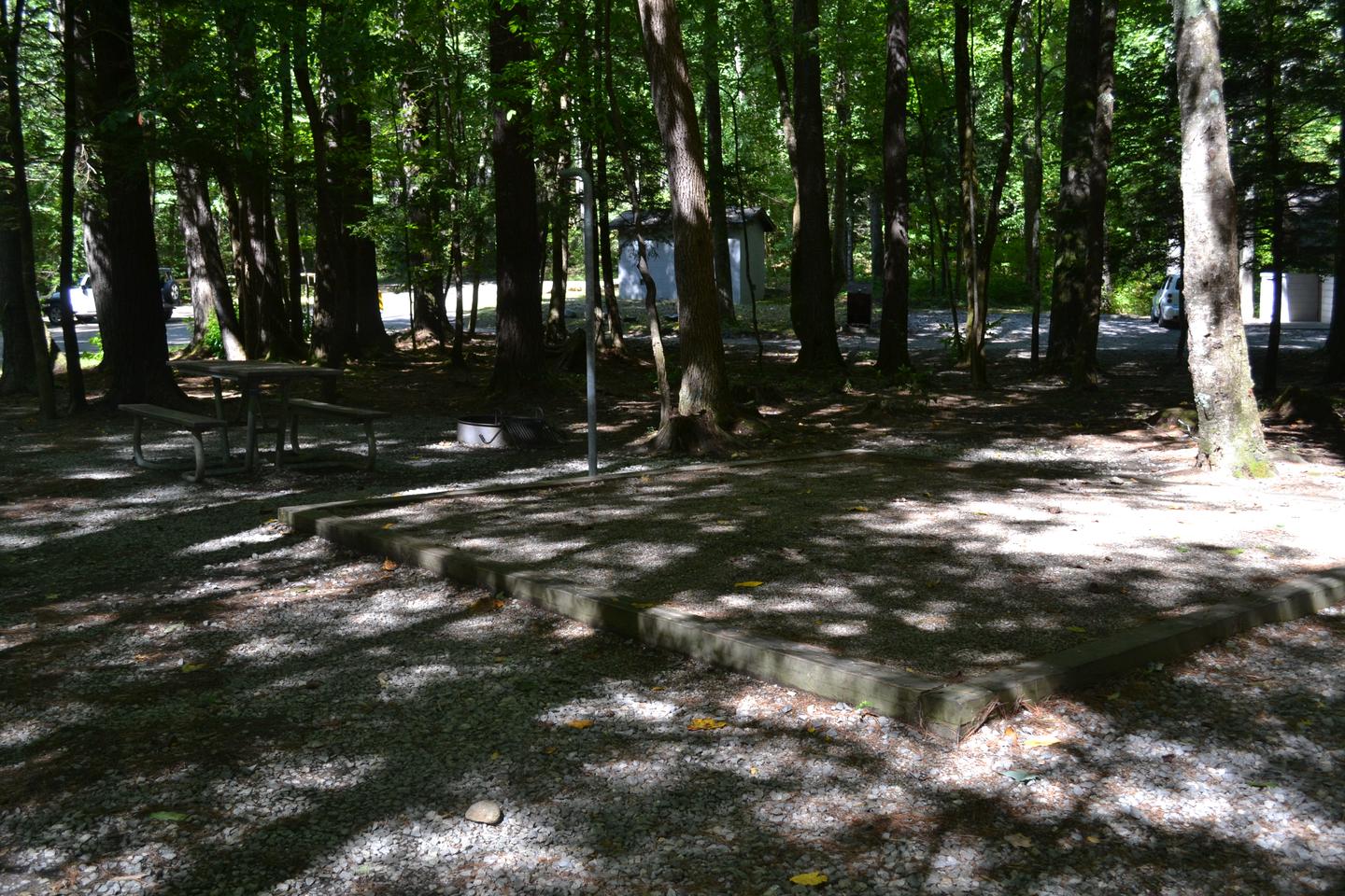 Cataloochee Campground Site 1 showing tent pad and location of site to restroom