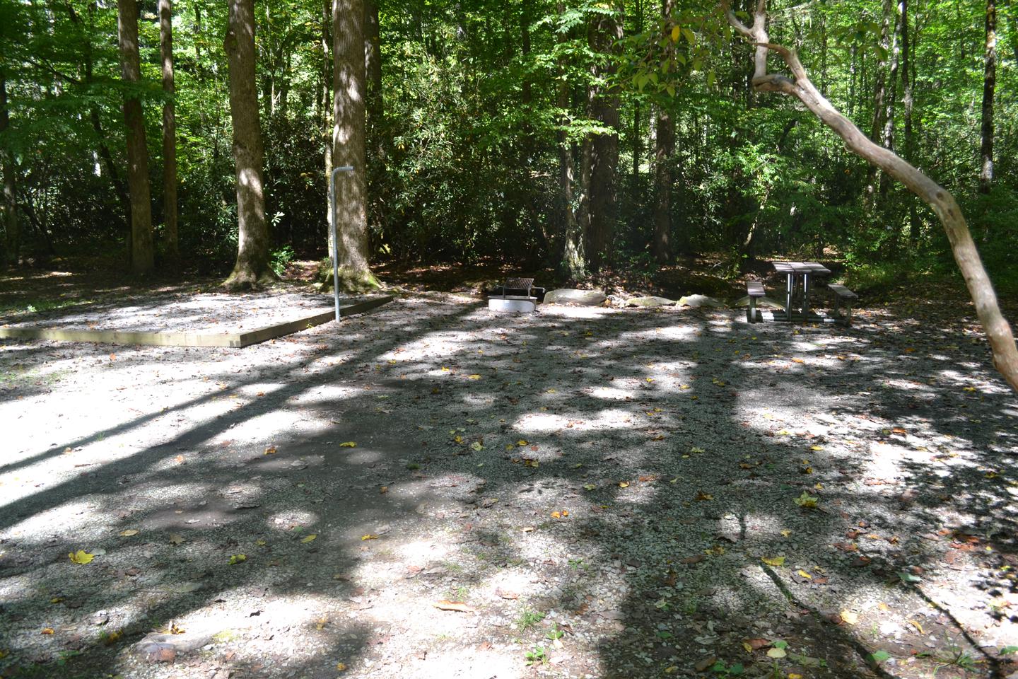 Cataloochee Campground Site 17Site 17 showing tent pad, picnic table and parking area