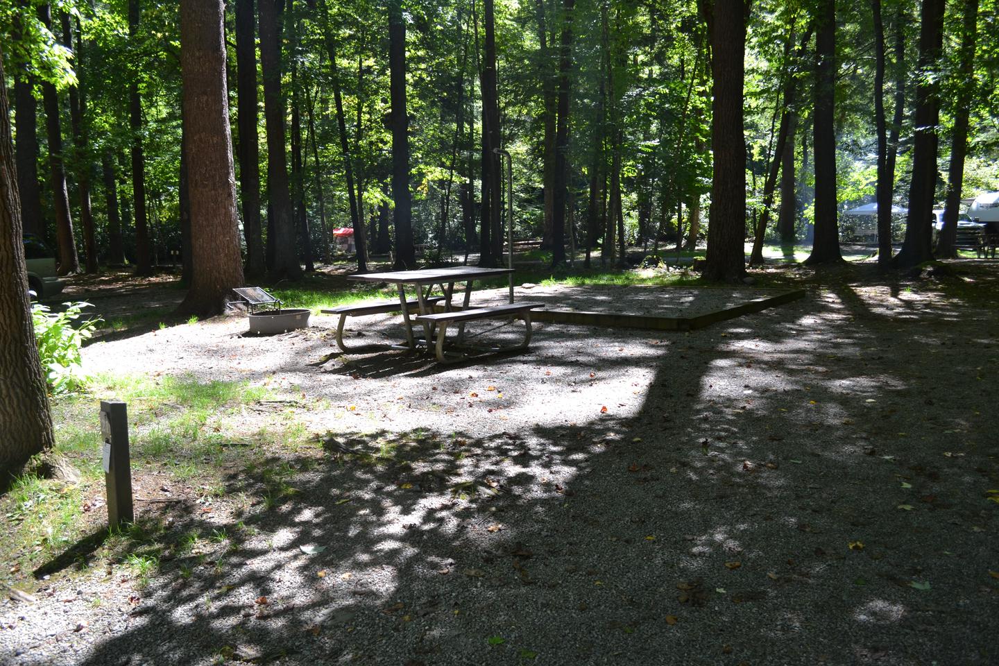 Cataloochee Campground site 21Site 21 layout of picnic table, fire ring and tent pad