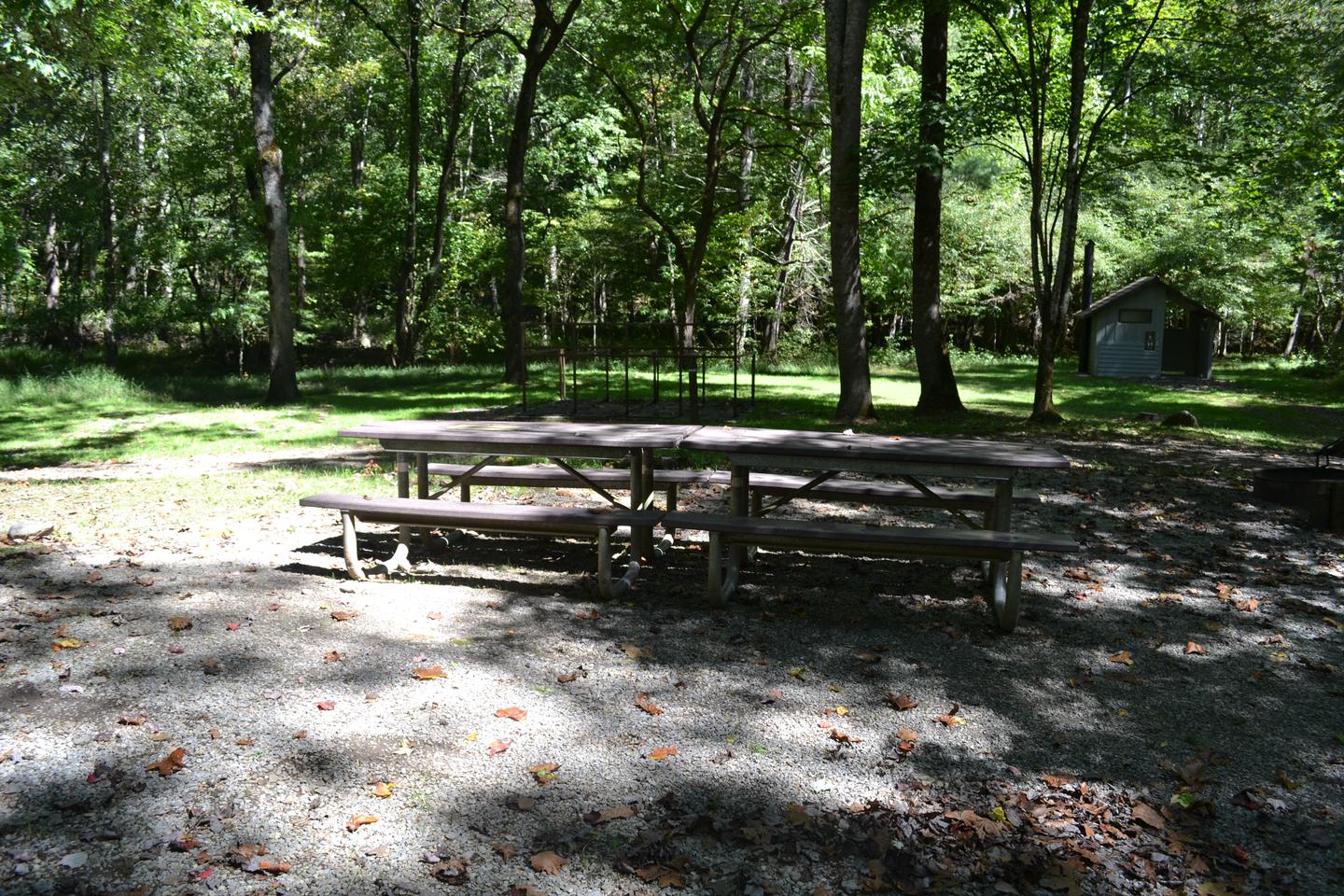 Cataloochee Horse Camp Site 1Picnic tables with horse stall in background