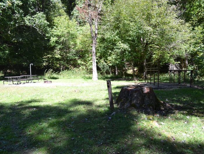 Cataloochee Horse Camp Site 5View of campsite from entrance road showing horse stalls, picnic table and fire ring