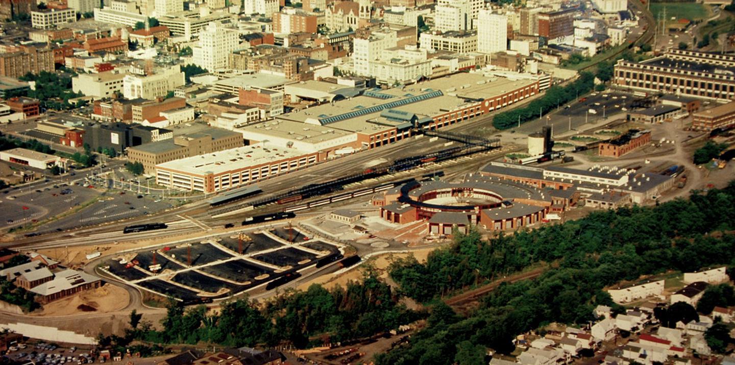 Aerial view of Steamtown NHSThis aerial overview of Steamtown NHS, which was created within the former railyards of the Delaware, Lackawanna & Western "Scranton Yards"