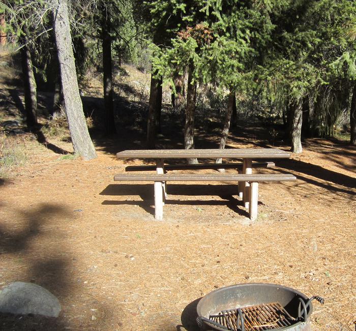 A picnic table and metal fire ring.Ten Mile site 8
