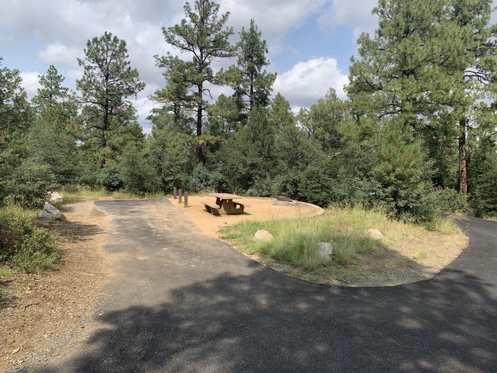 A photo of Site 25 of Loop F at LYNX CAMPGROUND with Picnic Table, Fire Pit with back in driveway. Note; if backing in, RV door and awning will face opposite the campsite. 