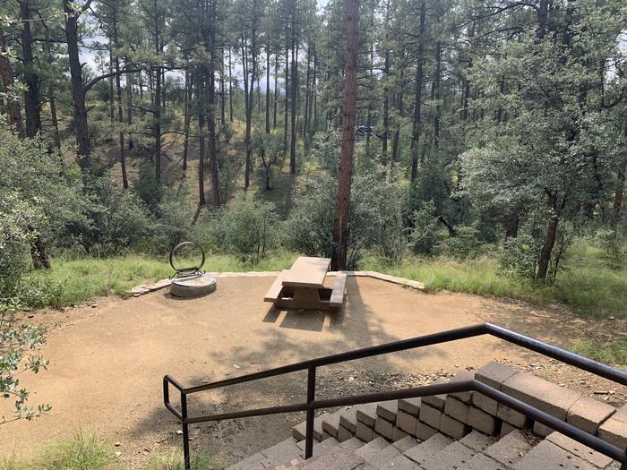 A photo of Site 10 of Loop C at LYNX CAMPGROUND with Picnic Table, Fire Pit and a dozen stairs to descend to campsite. 