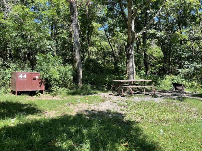 A photo of Site 044 of Loop Lower Loop at Loft Mountain Campground with Picnic Table, Fire Pit, Food Storage