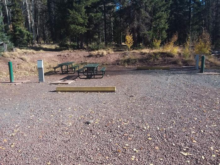 Site 47 & 48 with water and electric hookups, fire rings, picnic tables, and available parking.