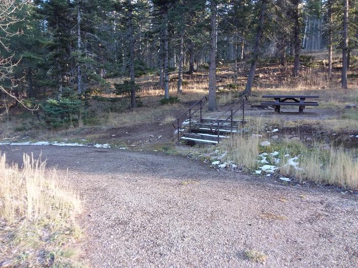Loop A Site 13 shaded area with picnic table, steps and fire pit