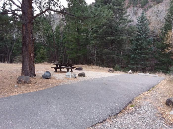 Site 9 with picnic table, campfire ring, camp grill, and parking.