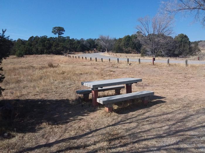 Cedro Peak Campground open field with a picnic table