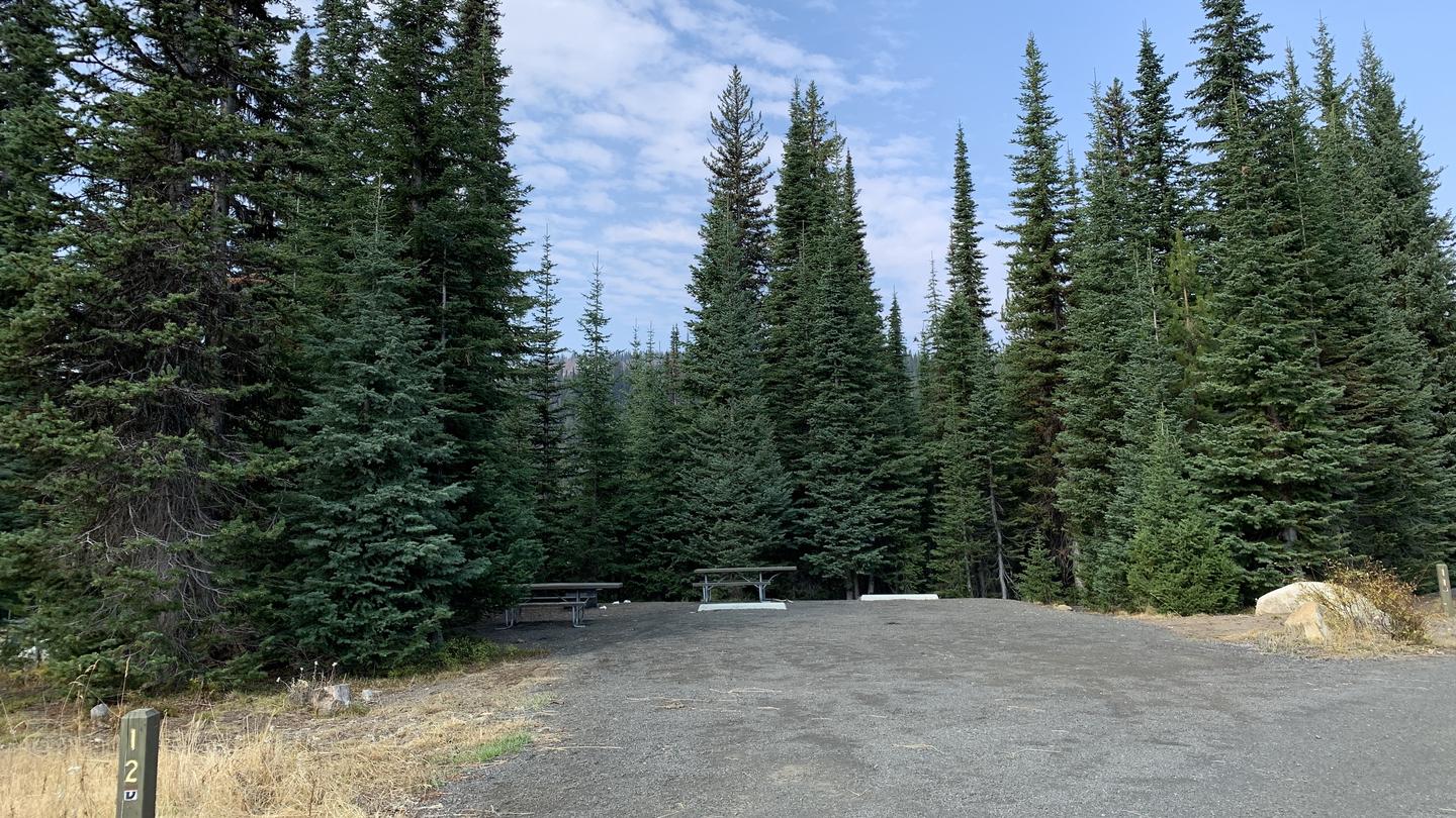 Campsite with graveled parking area in the foreground, and picnic tables surrounded by tall conifer trees in the backgroundGrouse Campground Site 12 (double site)